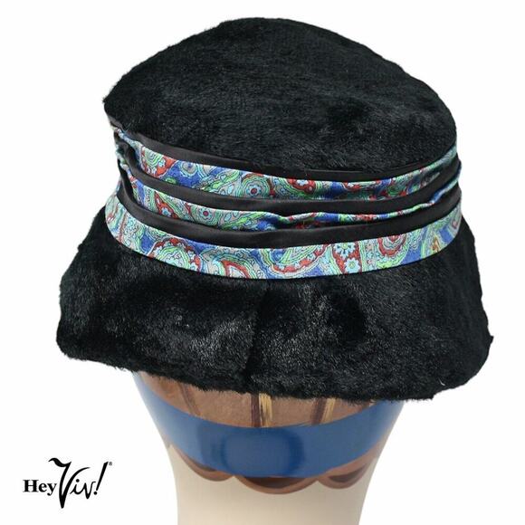 Vintage Black Plush Bucket Hat w Paisley Black Satin Trim and Bow - Hey Viv - Picture 2 of 7